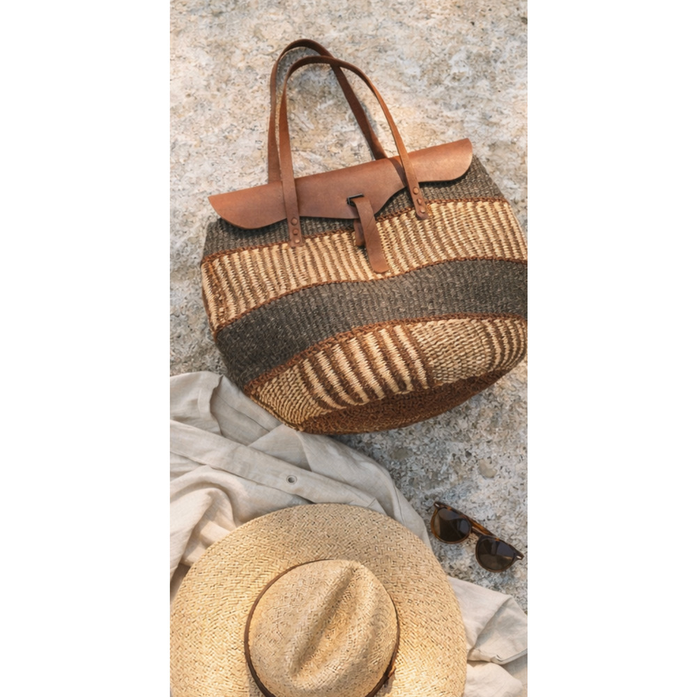 Vintage Large Sisal Woven Tote Leather Trim Market Bag Rare Boho - Picture 9 of 13